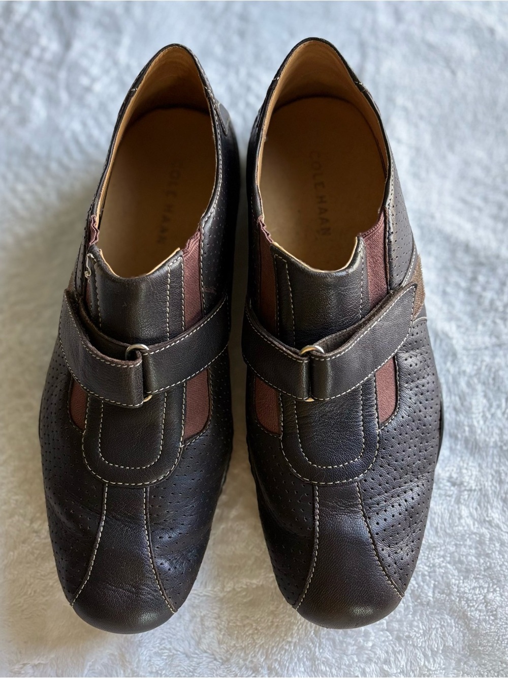 Cole Haan Brown Leather Slip-On Loafers with Maroon Accents